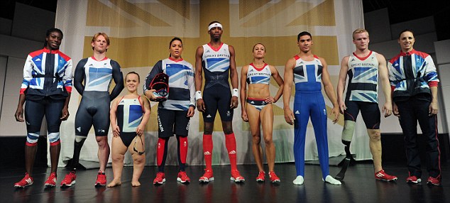 British athletes (L-R) 400m runner Christine Ohuruogu, paralympic cyclist Jody Cundy, paralympic swimmer Eleanor Simmonds, BMX cyclist Shanaze Reade, triple jumper Phillips Idowu, heptathlete Jessica Ennis, gymnast Louis Smith, paralympic sprinter Jonnie Peacock and modern pentathlete Heather Fell pose in the new British Olympic Team GB kit designed by Stella McCartney during an unveiling in central London on March 22, 2012. AFP PHOTO / CARL COURT (Photo credit should read CARL COURT/AFP/Getty Images)