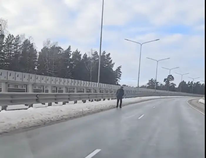 Еще один! Очередной пешеход решил погулять по проезжей части, в этот раз по виадуку. ВИДЕО