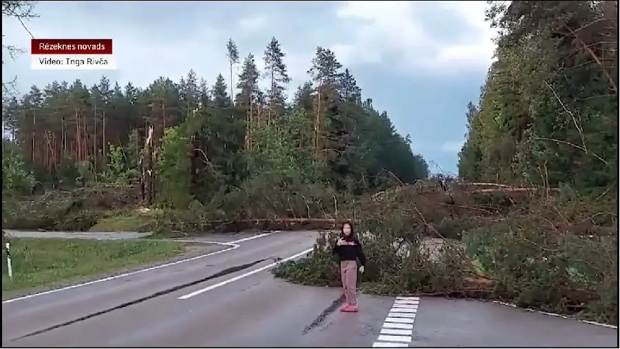 Упавшие деревья полностью перегородили дорогу: буря в Латгалии (ВИДЕО)