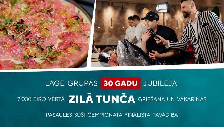 Lage grupas 30 gadu jubileja: 7 000 eiro vērtas zilās tunzivs griešana