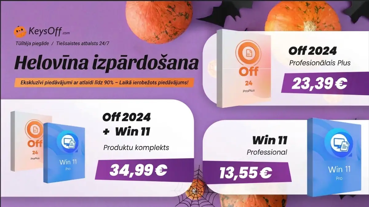Keysoff Helovīna akcija: Office 2024 Pro par 23,39 € un Windows 11 Pro par 13,55 €