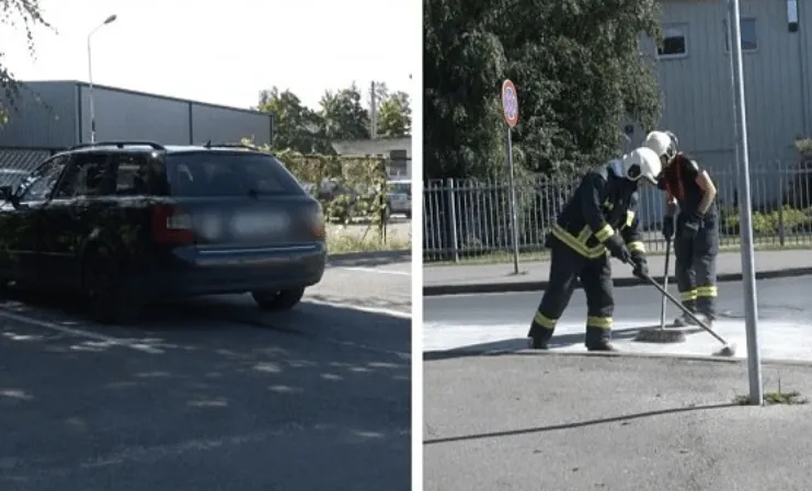 Еще один перекресток с просевшим асфальтом в Риге и еще один искалеченный автомобиль