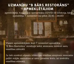 Covid-19 slimnieks pagājušajā nedēļā apmeklējis «B Bārs Restorānu» Rīgā: aicina citus apmeklētājus vērot savu veselības stāvokli