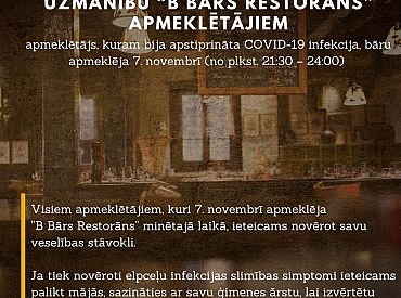 Covid-19 slimnieks pagājušajā nedēļā apmeklējis «B Bārs Restorānu» Rīgā: aicina citus apmeklētājus vērot savu veselības stāvokli