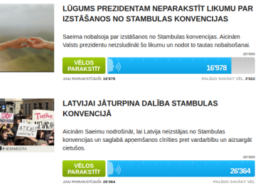 На платформе ManaBalss.lv уже 2 инициативы с призывом сохранить участие Латвии в Стамбульской конвенции