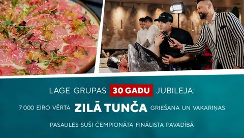 Lage grupas 30 gadu jubileja: 7 000 eiro vērtas zilās tunzivs griešana