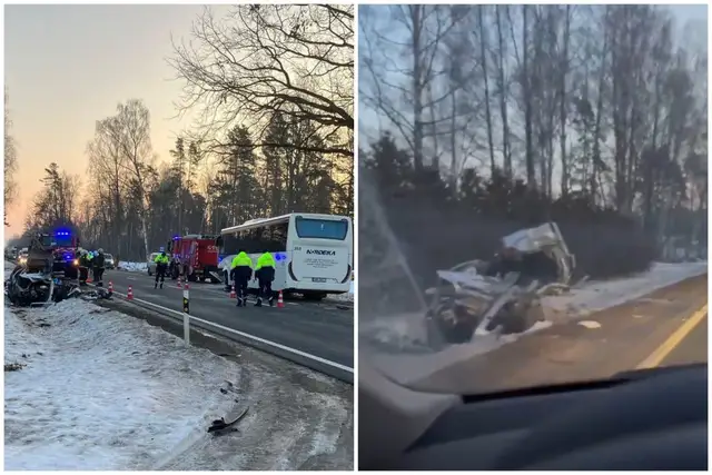 Один человек погиб и шесть пострадали в столкновении автобуса и автомобиля в Бабитской волости